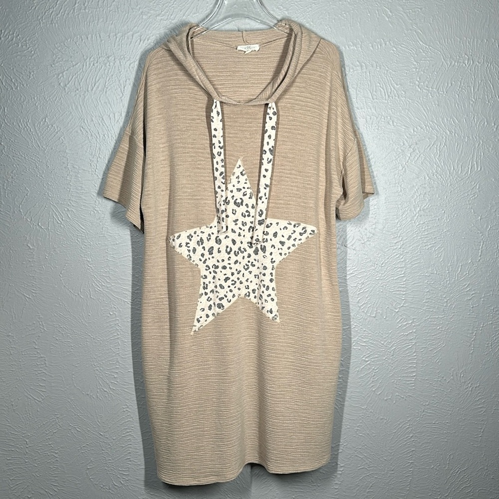 Hopely Light Brown Sand Short Sleeve Hooded Athleisure Dress Women's Siz… - Picture 1 of 12